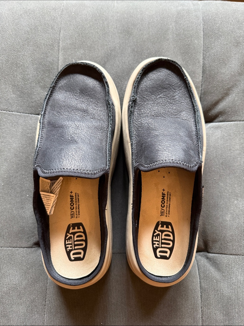 Hey Dude Austin Edge Leather Black Slip-On Mules with Cream Sole